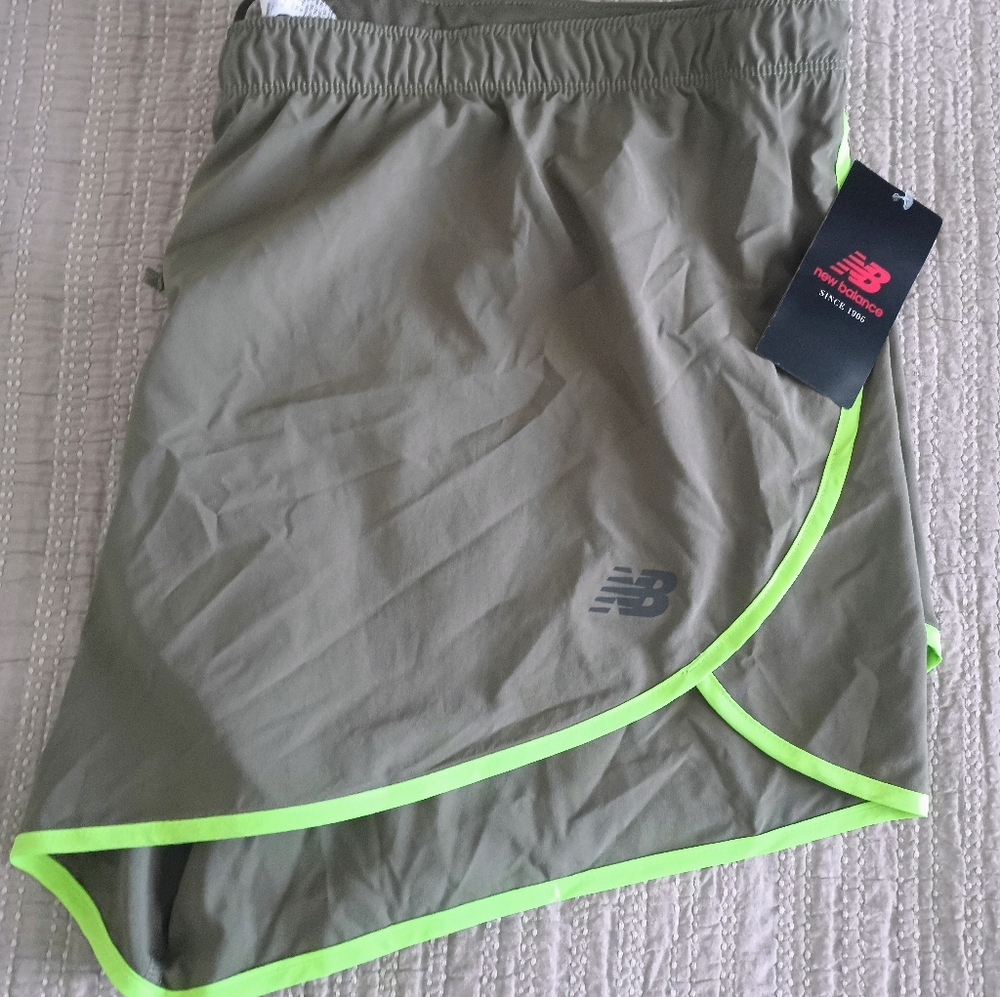 New Balance Woman's Olive Athletic Shorts with Neon Green Trim